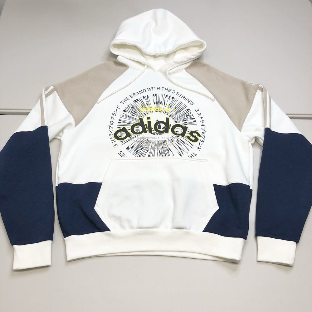 Adidas Hoodie Sweatshirt Fleece Essentials Cozy Beige White Blue M Color Block